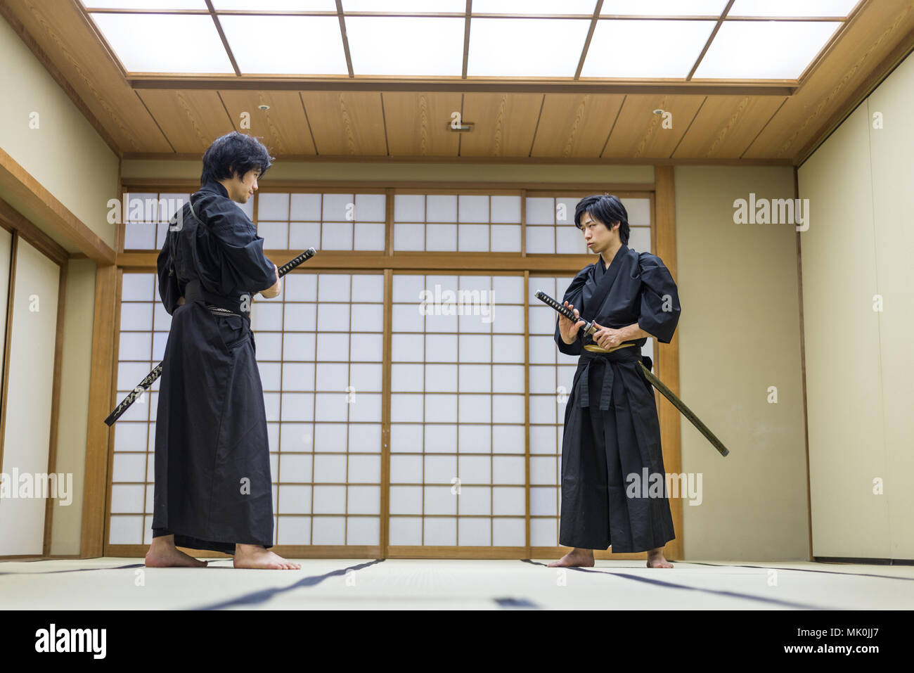Japanese martial arts athlete training kendo in a dojo Samaurai