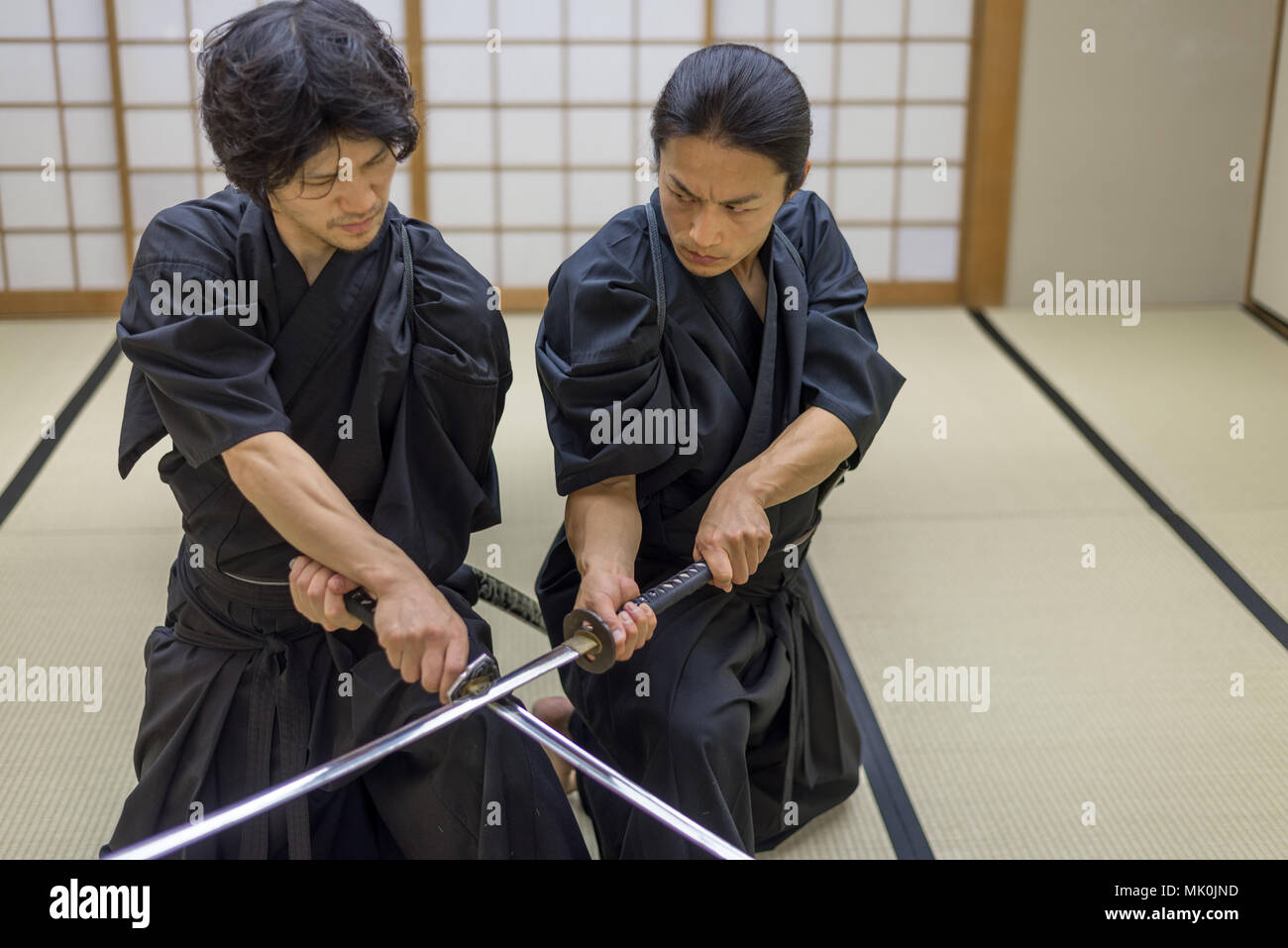 Japanese martial arts athlete training kendo in a dojo Samaurai