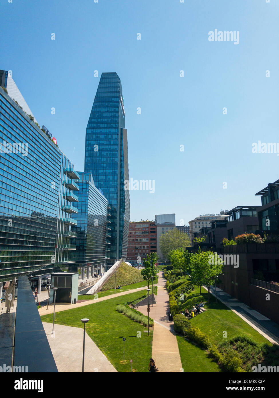 Diamond tower, Milan, Porta Nuova residenze, skyscraper, Italy, 22nd April 2018. Milan business district. View from the raised Alvar Aalto square Stock Photo