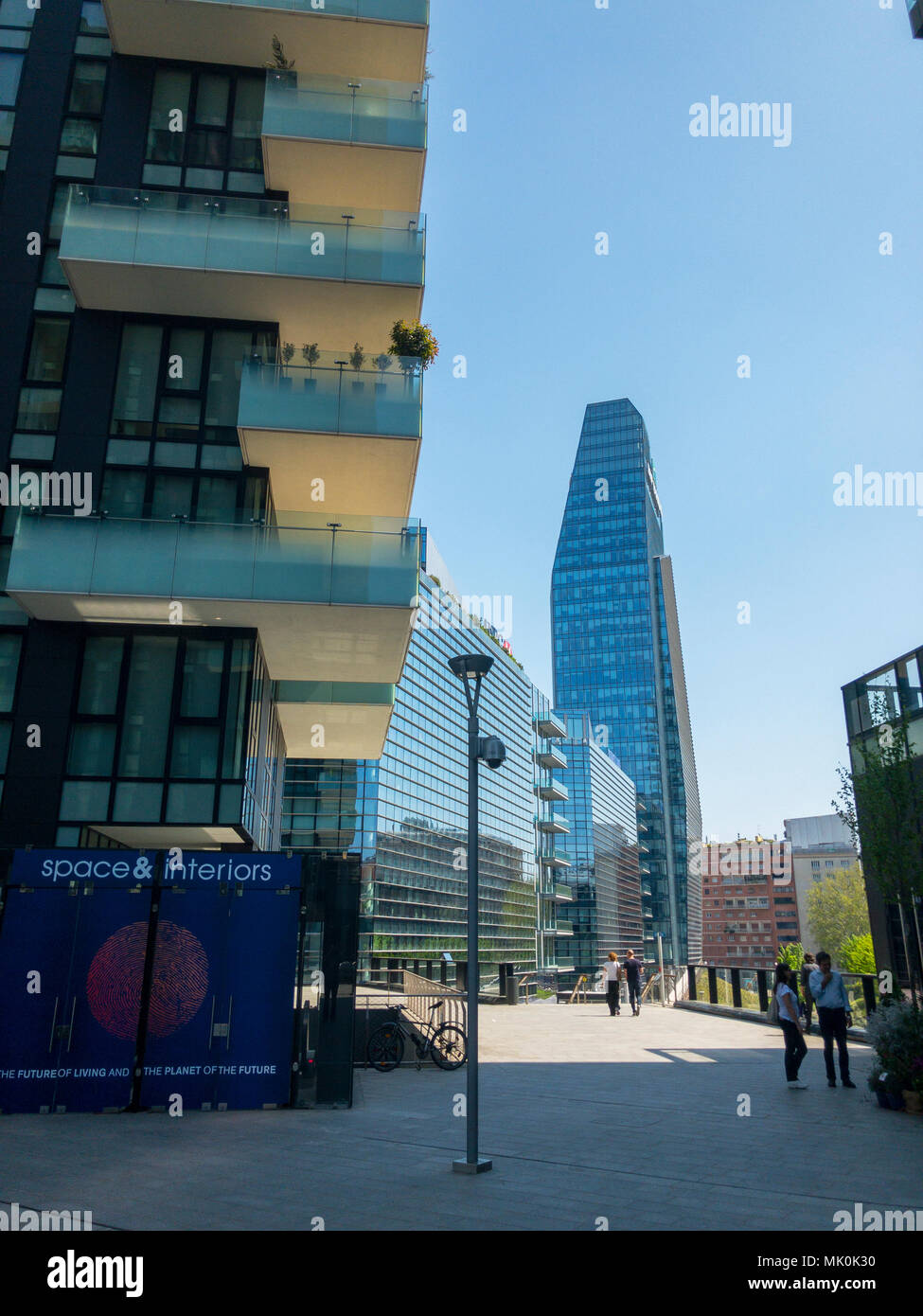 Diamond tower, Milan, Porta Nuova residenze, skyscraper, Italy, 22nd April 2018. Milan business district. View from the raised Alvar Aalto square Stock Photo