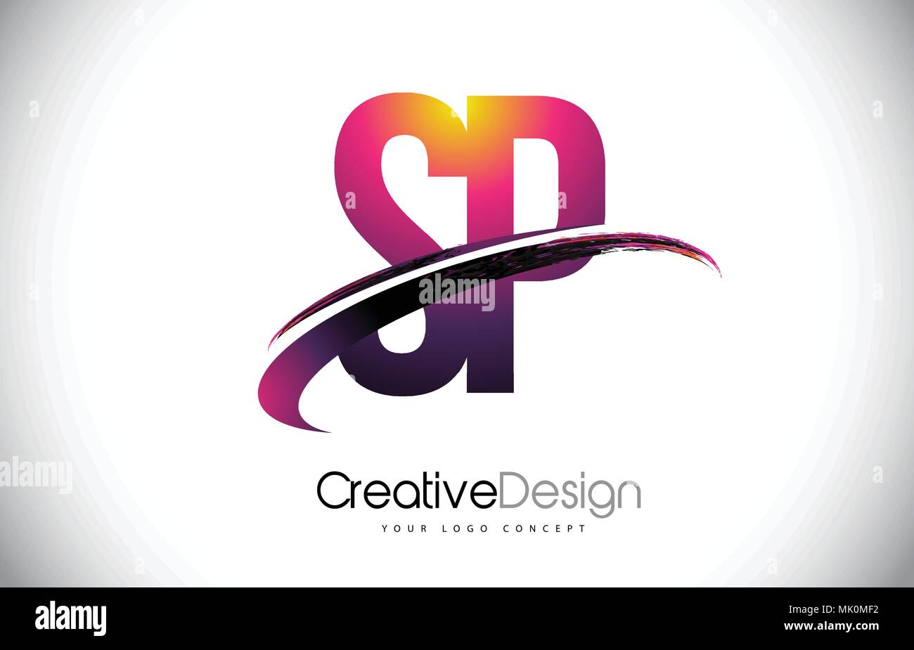 SP S P Purple Letter Logo with Swoosh Design. Creative Magenta Modern Letters Vector Logo Illustration. Stock Vector