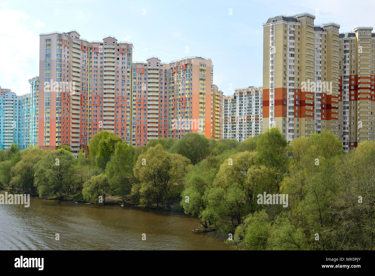 New moderny comfortable residential area of Pavshinsky floodplain on banks of Moscow River. . Spring landscape Stock Photo