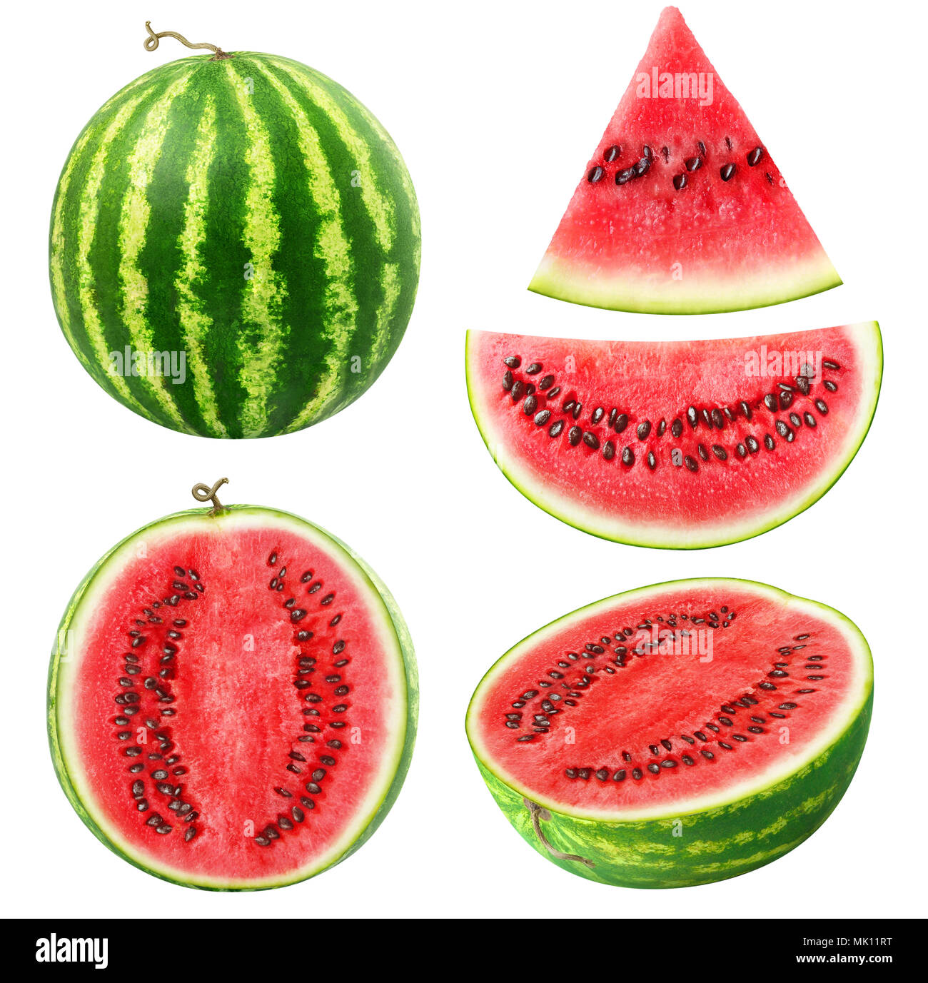 Isolated watermelons. Collection of whole and cut watermelon fruits isolated on white background with clipping path Stock Photo