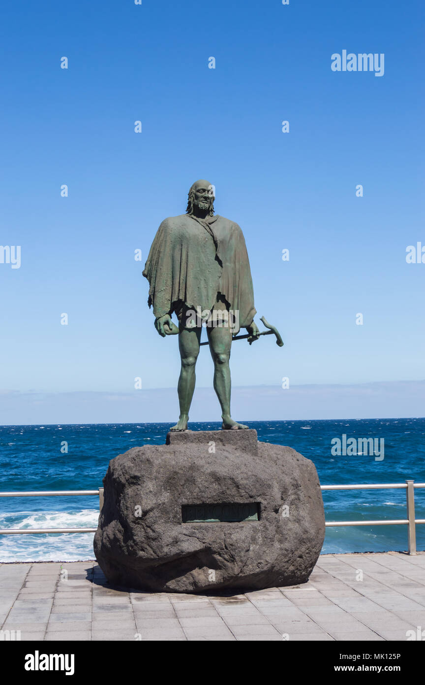 Candelaria,Spain,Europe-29/04/2018.Statue of an ancient Canary Islands native guanche on the waterfront in the city of Candelaria Stock Photo