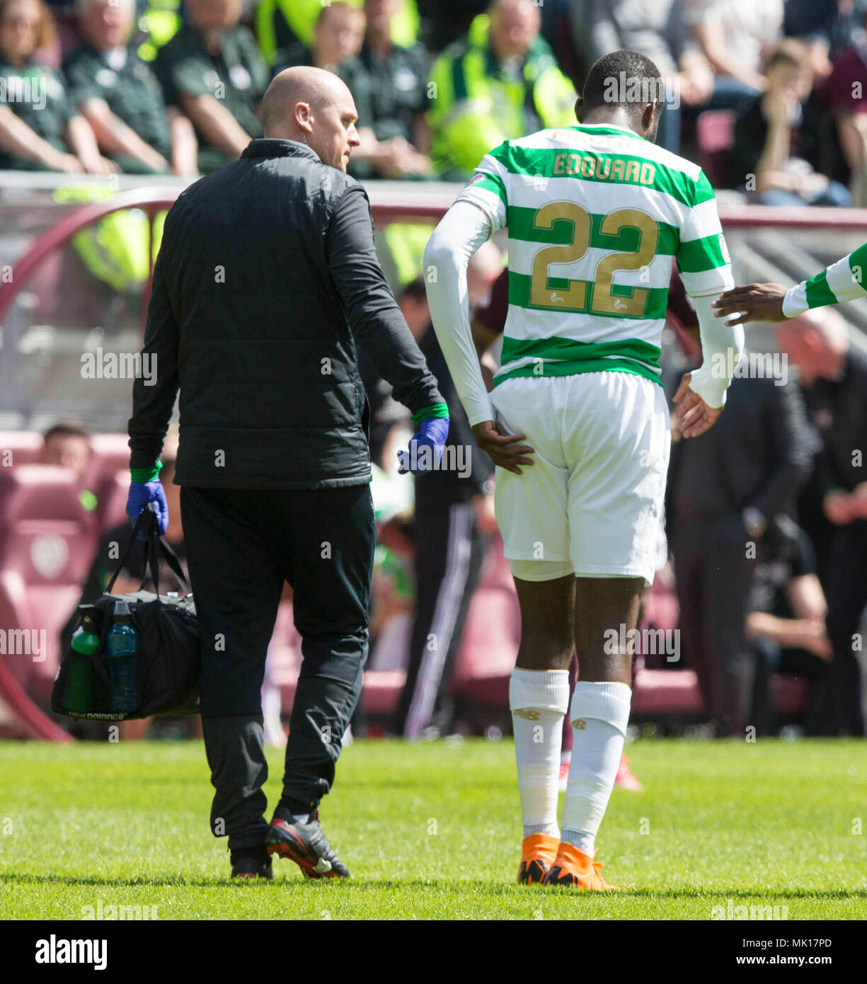 Celtic’s Odsonne Edouard goes off injured during the Ladbrokes Scottish Premiership match at Tynecastle Stadium, Edinburgh. Stock Photo