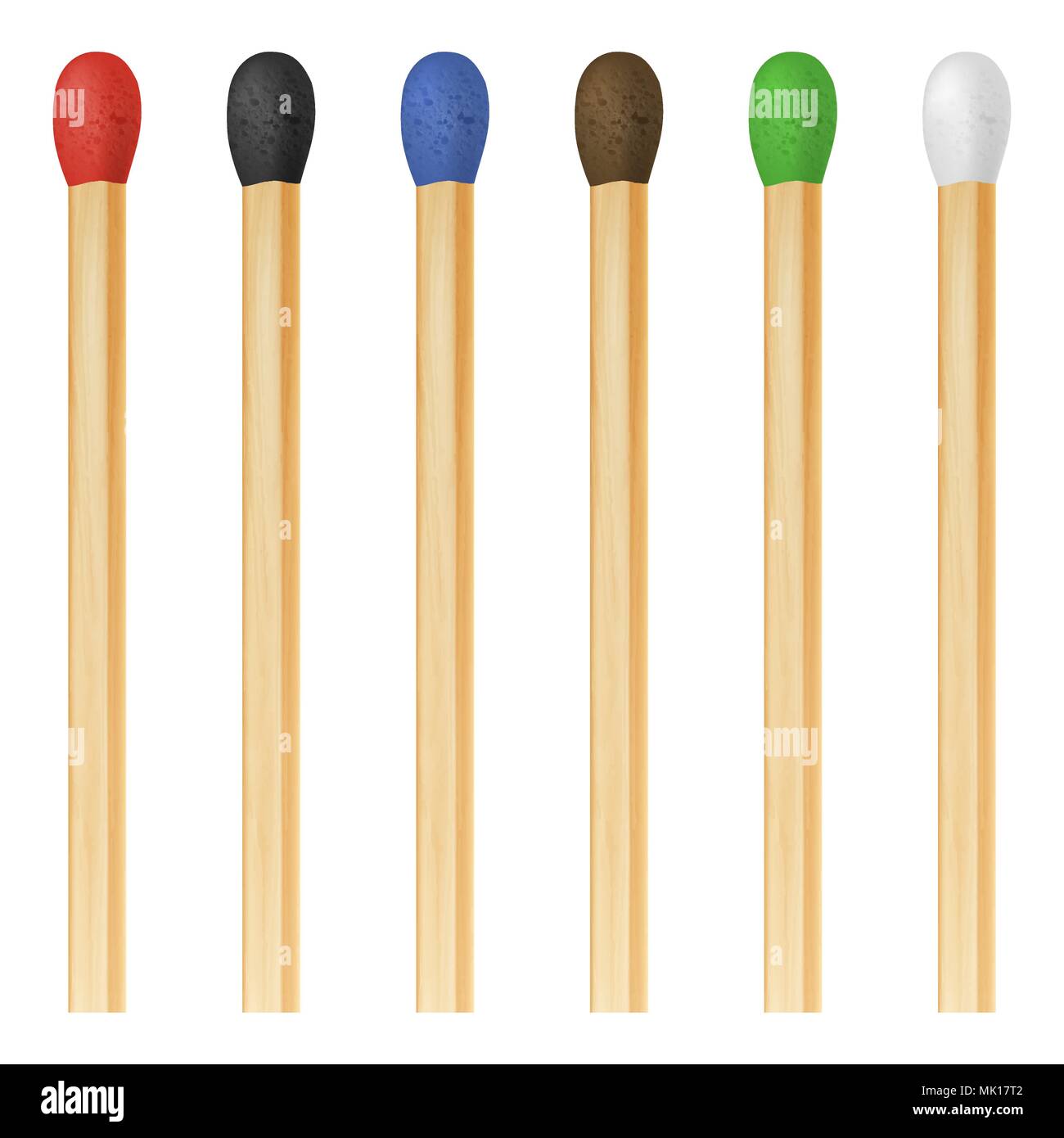 Vector 3d realistic colorful match stick icon set, closeup isolated on white background. Red head, black, blue, brown, green, white. Design template, clipart for graphics Stock Vector
