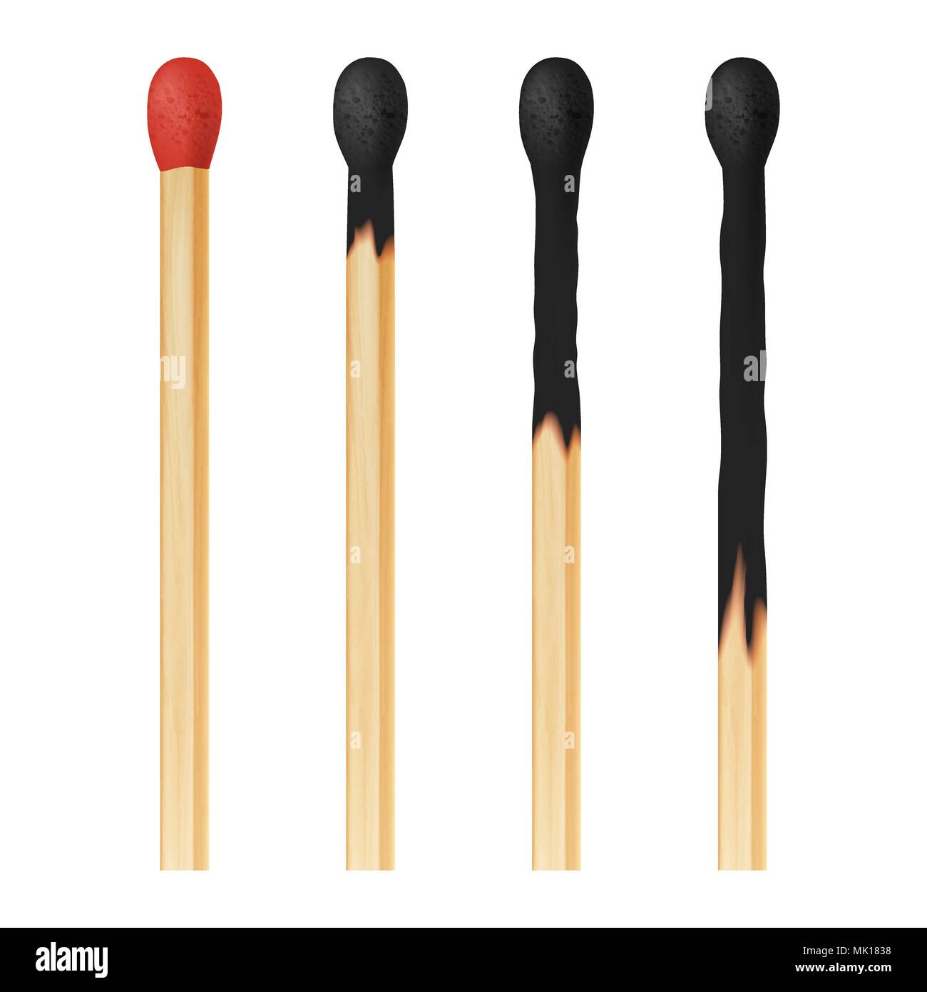 Vector 3d realistic colorful match stick icon set, closeup isolated on white background. Whole and burnt matchstick. Stages of burning the match. Symbol of ignition, burning and withering. Design template, clipart for graphics Stock Vector