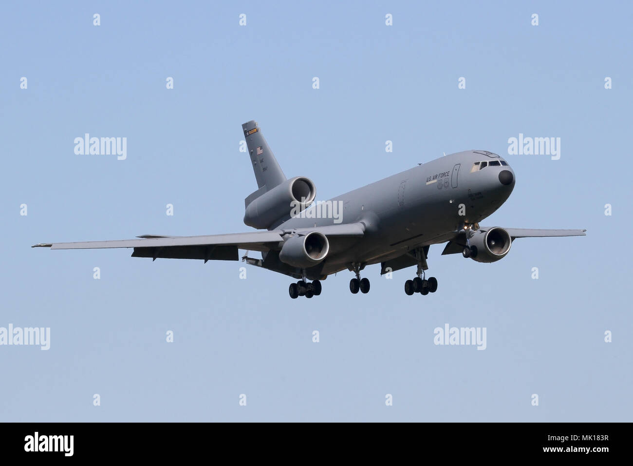 USAF KC-10A Extender from McGuire AFB on approach into RAF Mildenhall on a bright morning. Stock Photo