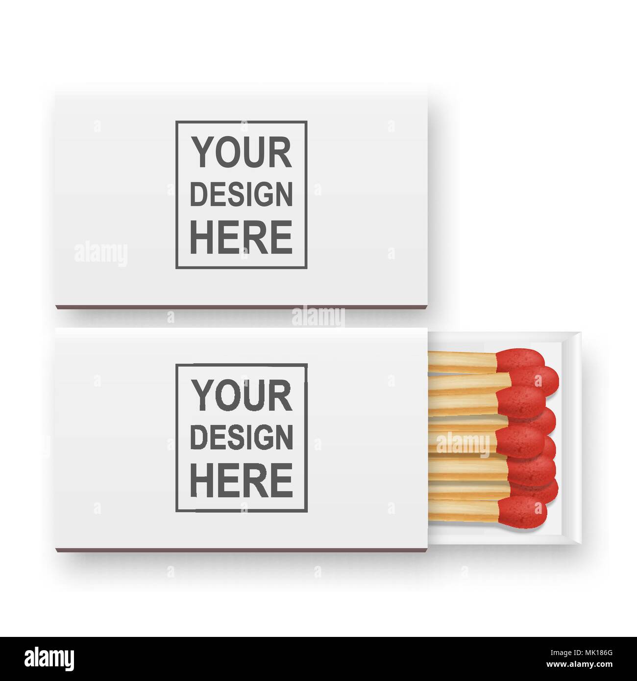 Vector 3d realistic closed and opened blank box of matches icon set, closeup isolated on white background, top View. Design template, clipart for graphics Stock Vector