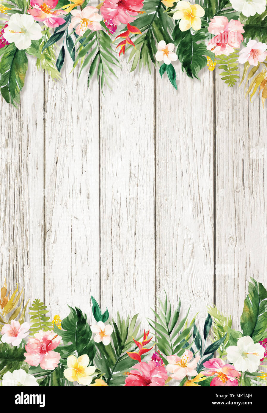 Wooden textured background with plants and flowers border Stock Photo