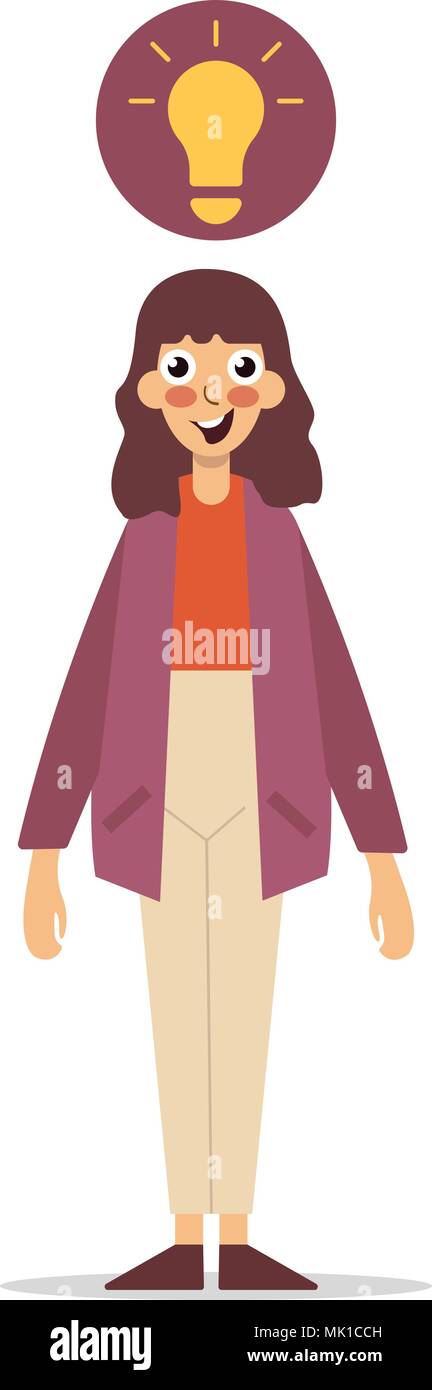 Happy Asian woman standing light bulb drawn above her head. Concept about ideas. Stock Vector