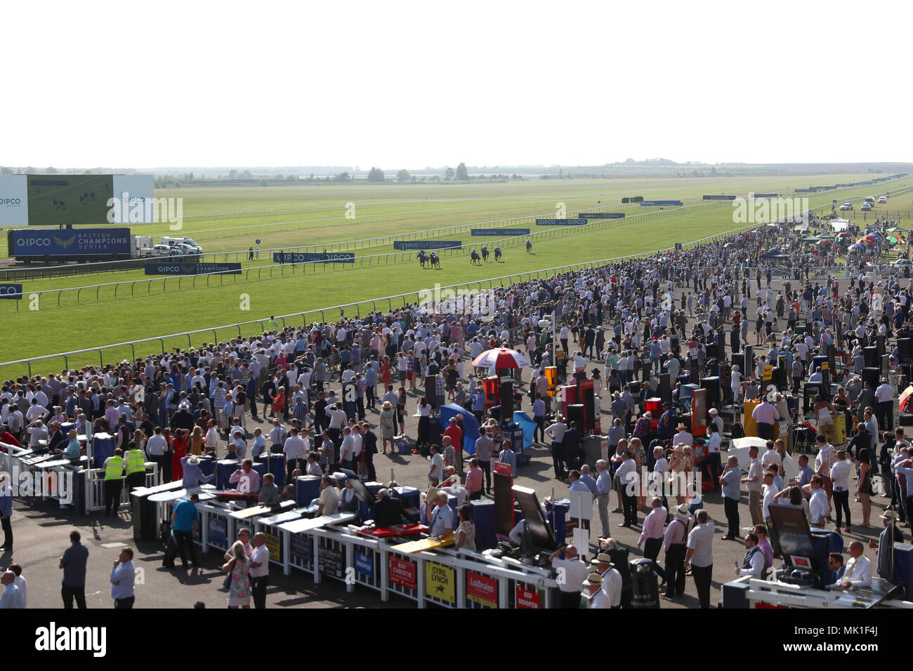 Runners and riders in action in the Tweenhills Pretty Polly Stakes during day two of the QIPCO Guineas Festival at Newmarket Racecourse. Stock Photo