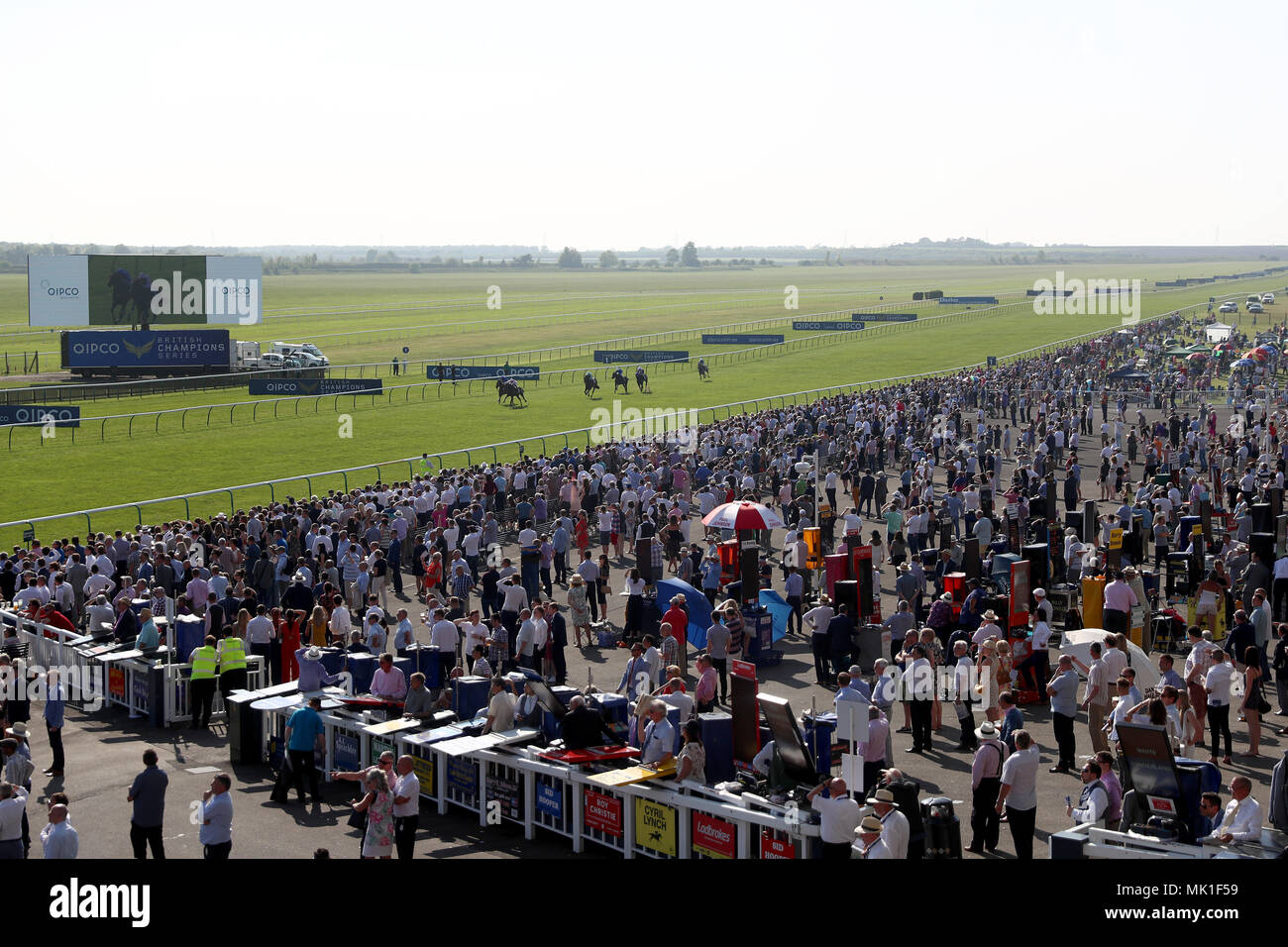 Runners and riders in action in the Tweenhills Pretty Polly Stakes during day two of the QIPCO Guineas Festival at Newmarket Racecourse. Stock Photo