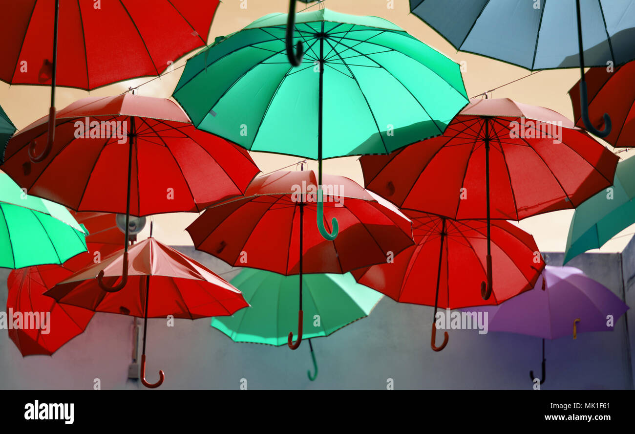 Colorful umbrellas in flight Stock Photo Alamy