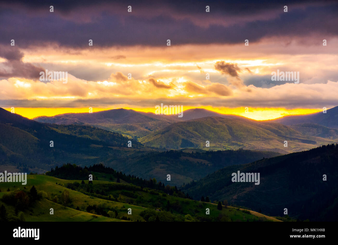 mountain rural area. agricultural fields on hills with forest. beautiful and vivid countryside landscape with cloudy sky at sunset. Stock Photo