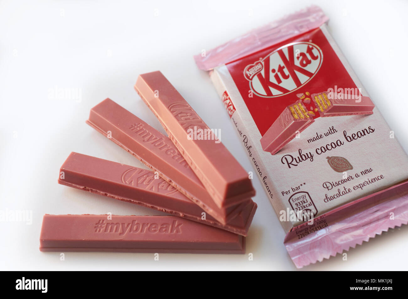 Pink KitKat, kit kat Now on sale exclusively in Tesco Stores throughout the United Kingdom, Made from Fairtrade Ruby Cocoa beans. Stock Photo