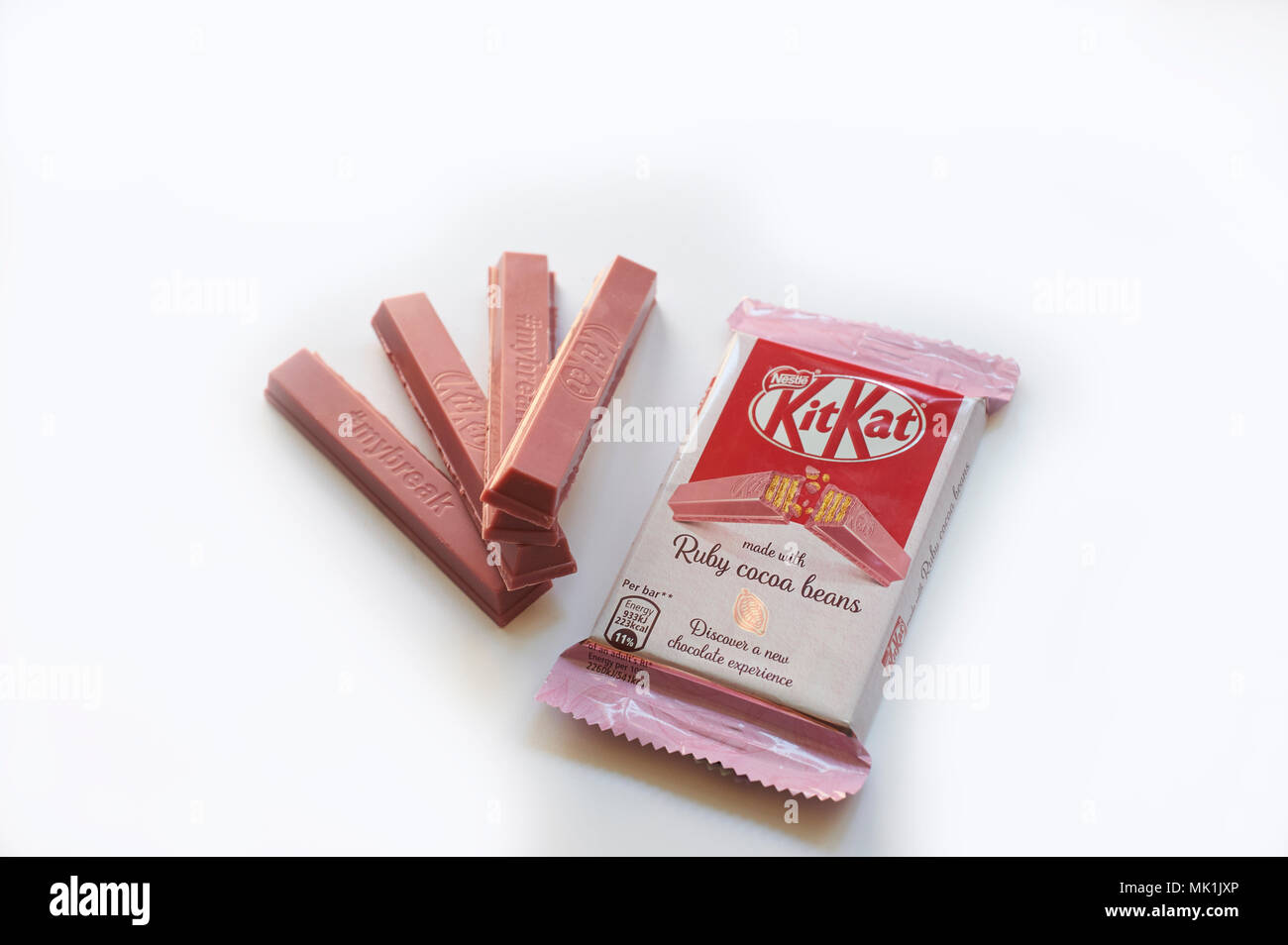 Pink KitKat, kit kat Now on sale exclusively in Tesco Stores throughout the United Kingdom, Made from Fairtrade Ruby Cocoa beans. Stock Photo