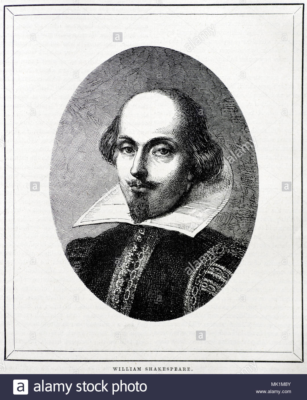 William Shakespeare portrait, 26th April 1564 – 23th April 1616 was an English poet, and playwright, widely regarded as both the greatest writer in the English language, and the world's pre-eminent dramatist, antique illustration from circa 1880 Stock Photo