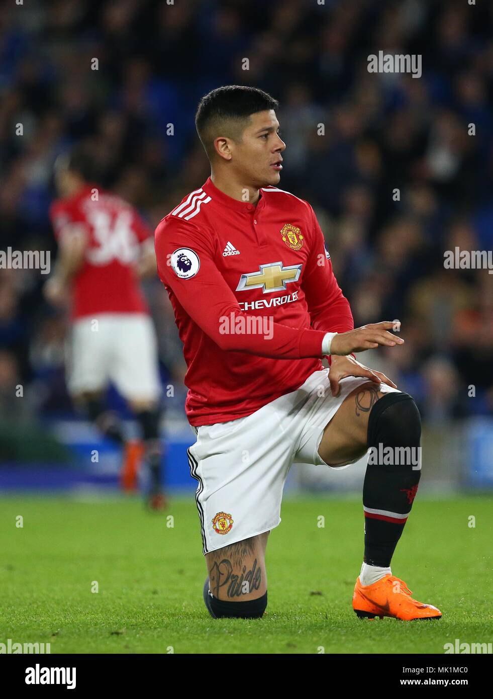 Marcos Rojo of Manchester United during the Premier League match between Brighton and Hove Albion and Manchester United at the American Express Community Stadium in Brighton and Hove. 04 May 2018 *** EDITORIAL USE ONLY ***  No merchandising. For Football images FA and Premier League restrictions apply inc. no internet/mobile usage without FAPL license - for details contact Football Dataco Stock Photo