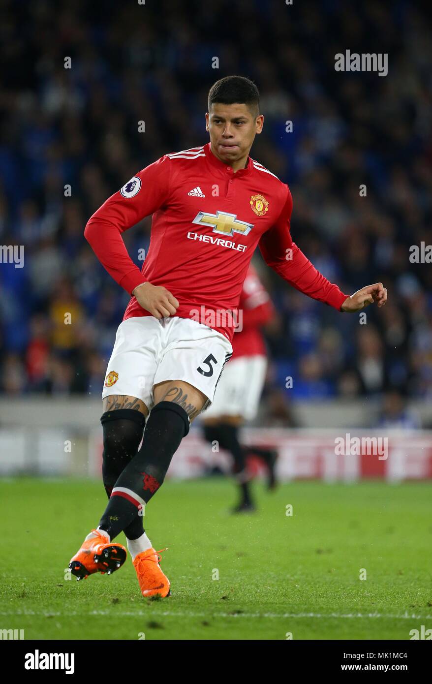 Marcos Rojo of Manchester United during the Premier League match between Brighton and Hove Albion and Manchester United at the American Express Community Stadium in Brighton and Hove. 04 May 2018 *** EDITORIAL USE ONLY ***  No merchandising. For Football images FA and Premier League restrictions apply inc. no internet/mobile usage without FAPL license - for details contact Football Dataco Stock Photo
