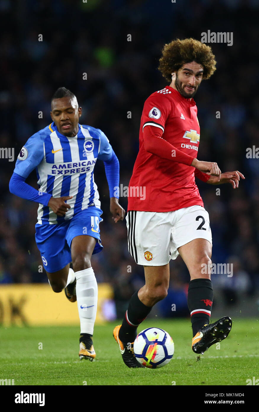 Marouane Fellaini of Manchester United  during the Premier League match between Brighton and Hove Albion and Manchester United at the American Express Community Stadium in Brighton and Hove. 04 May 2018 *** EDITORIAL USE ONLY ***  No merchandising. For Football images FA and Premier League restrictions apply inc. no internet/mobile usage without FAPL license - for details contact Football Dataco Stock Photo