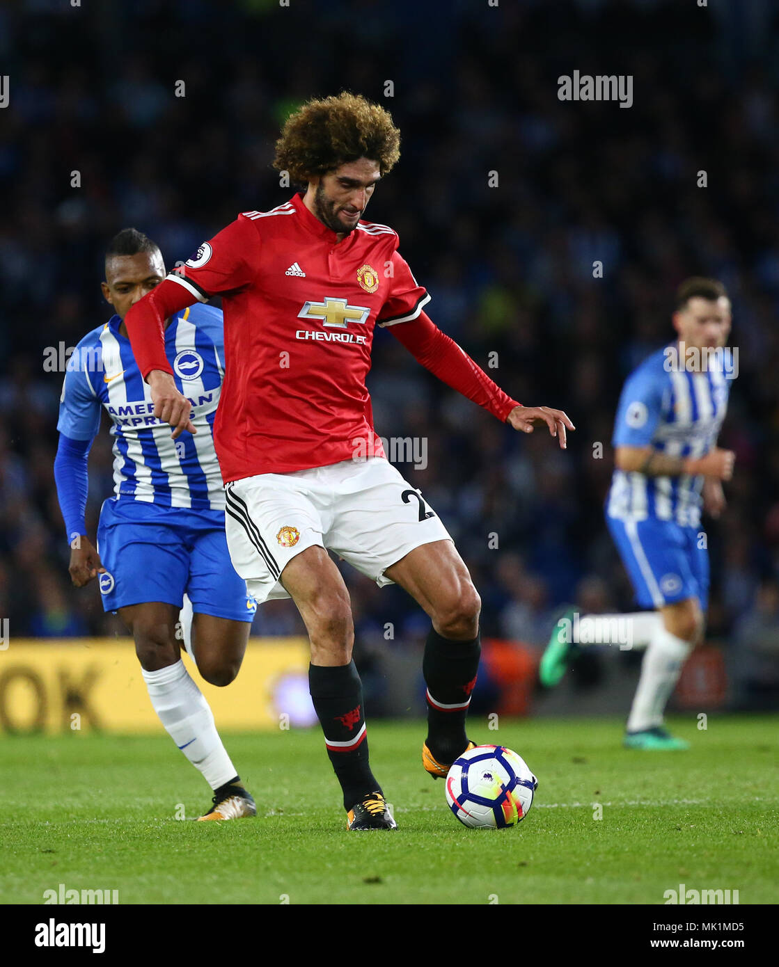 Marouane Fellaini of Manchester United during the Premier League match between Brighton and Hove Albion and Manchester United at the American Express Community Stadium in Brighton and Hove. 04 May 2018 *** EDITORIAL USE ONLY ***  No merchandising. For Football images FA and Premier League restrictions apply inc. no internet/mobile usage without FAPL license - for details contact Football Dataco Stock Photo