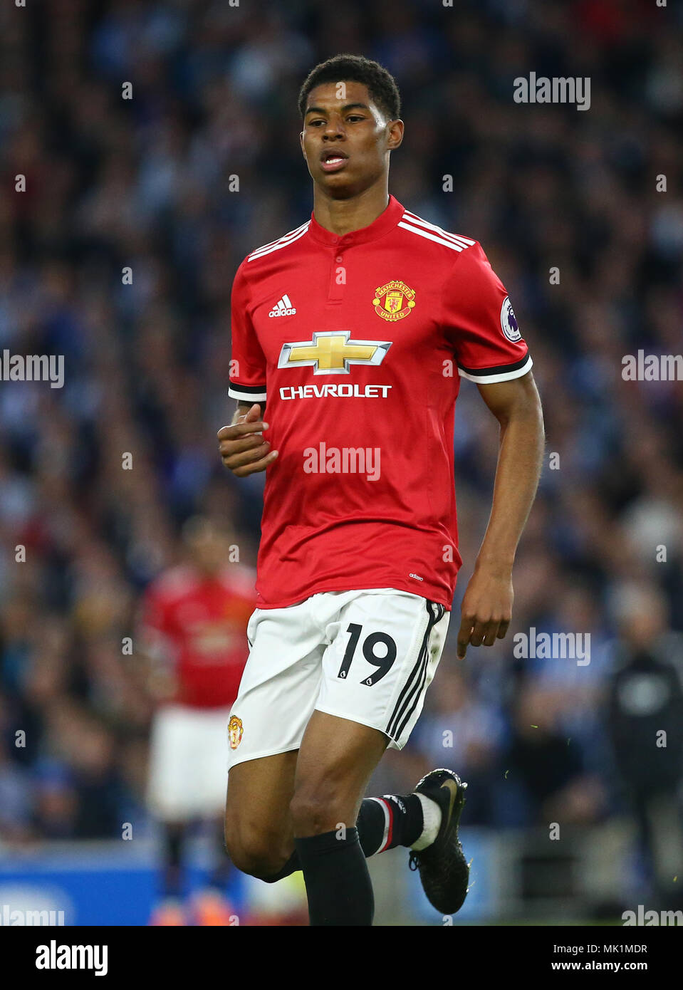 Marcus Rashford of Manchester United during the Premier League match between Brighton and Hove Albion and Manchester United at the American Express Community Stadium in Brighton and Hove. 04 May 2018 *** EDITORIAL USE ONLY ***  No merchandising. For Football images FA and Premier League restrictions apply inc. no internet/mobile usage without FAPL license - for details contact Football Dataco Stock Photo