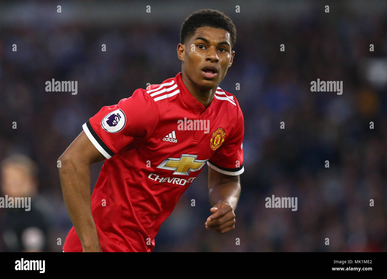 Marcus Rashford of Manchester United during the Premier League match between Brighton and Hove Albion and Manchester United at the American Express Community Stadium in Brighton and Hove. 04 May 2018 *** EDITORIAL USE ONLY ***  No merchandising. For Football images FA and Premier League restrictions apply inc. no internet/mobile usage without FAPL license - for details contact Football Dataco Stock Photo