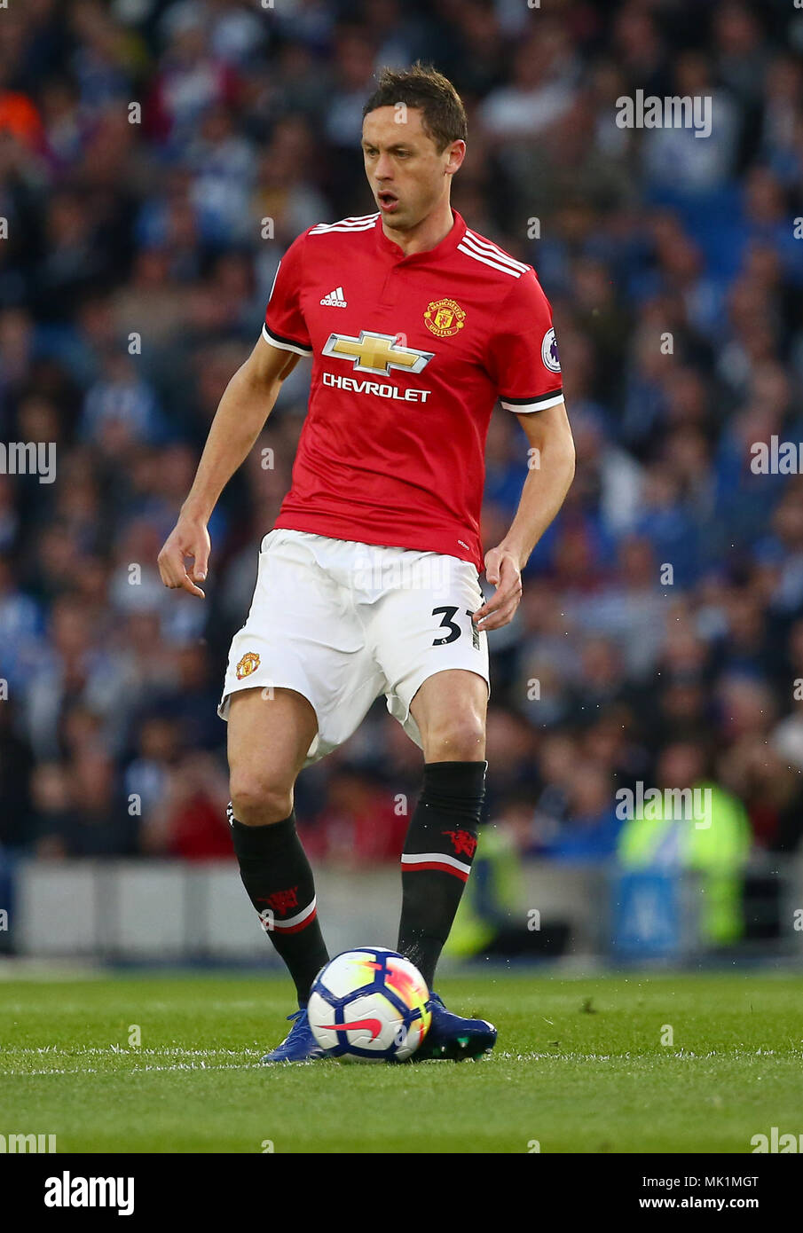 Nemanja Matic of Manchester United  during the Premier League match between Brighton and Hove Albion and Manchester United at the American Express Community Stadium in Brighton and Hove. 04 May 2018 *** EDITORIAL USE ONLY ***  No merchandising. For Football images FA and Premier League restrictions apply inc. no internet/mobile usage without FAPL license - for details contact Football Dataco Stock Photo
