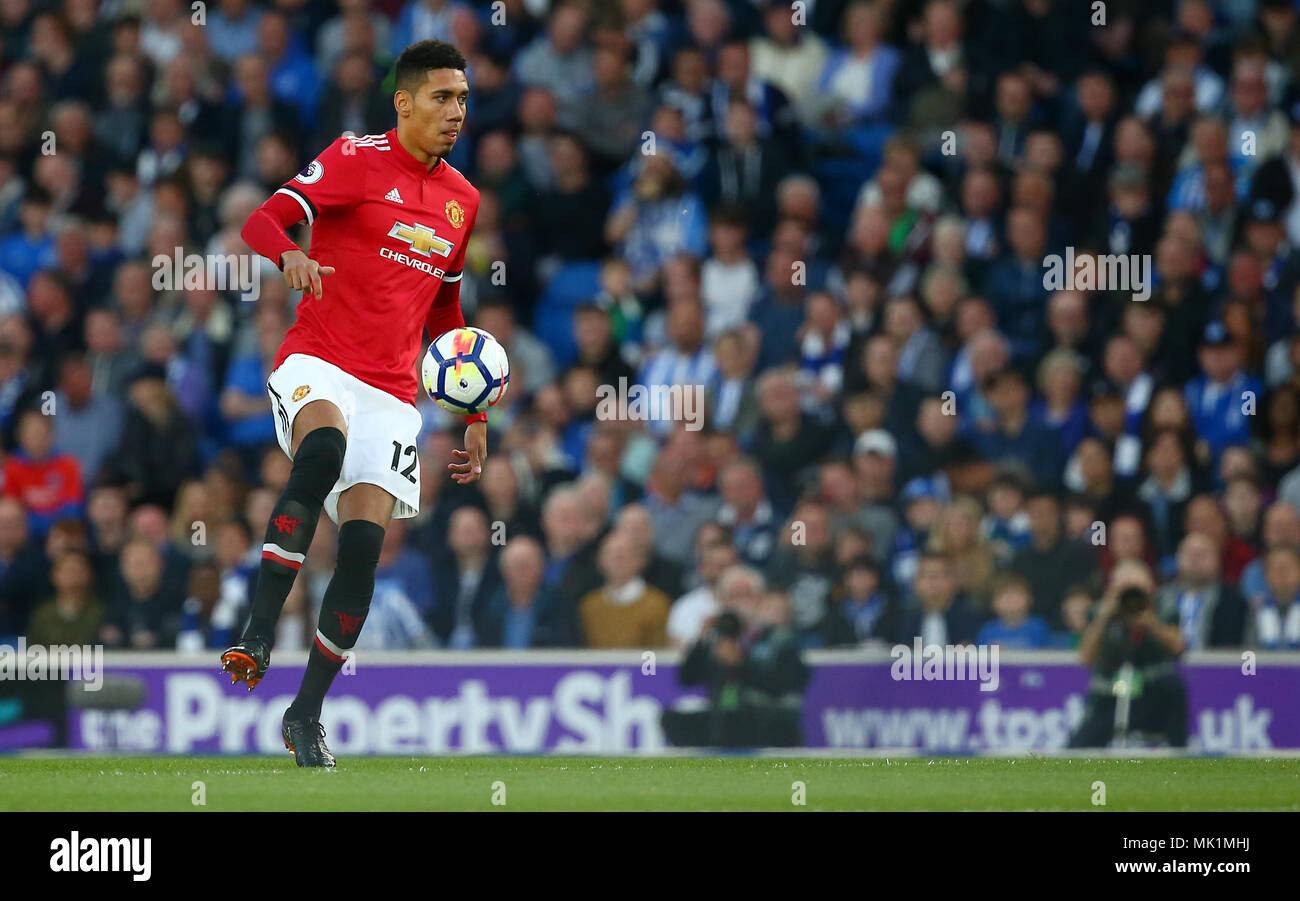 Chris Smalling of Manchester United during the Premier League match between Brighton and Hove Albion and Manchester United at the American Express Community Stadium in Brighton and Hove. 04 May 2018 *** EDITORIAL USE ONLY ***  No merchandising. For Football images FA and Premier League restrictions apply inc. no internet/mobile usage without FAPL license - for details contact Football Dataco Stock Photo