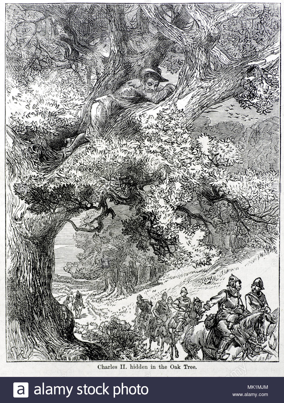 King Charles II hiding in The Boscobel Oak Tree from Oliver Cromwell's New Model Army, 6th September 1651, antique illustration from circa 1880 Stock Photo