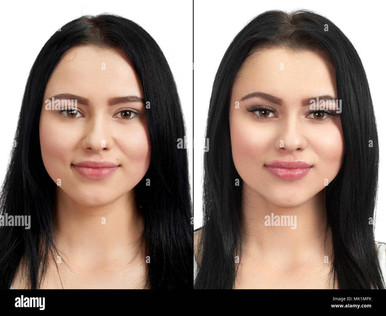Photo comparison of normal and enlarged lashes. Take the difference between lashes before extension and after. Girl with long lashes and with short. Salon lashes extension for pretty brunette girl. Stock Photo