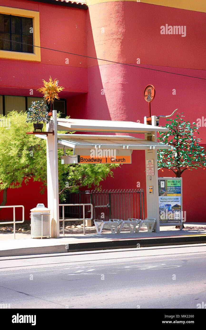 Streetcar stop on Broadway and Church in downtown Tucson AZ Stock Photo