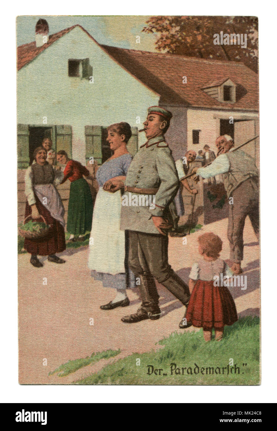 Old German postcard: Military-humorous series 'Always professional', № 7 'parade March'. The first world war of 1914-1918, Germany Stock Photo