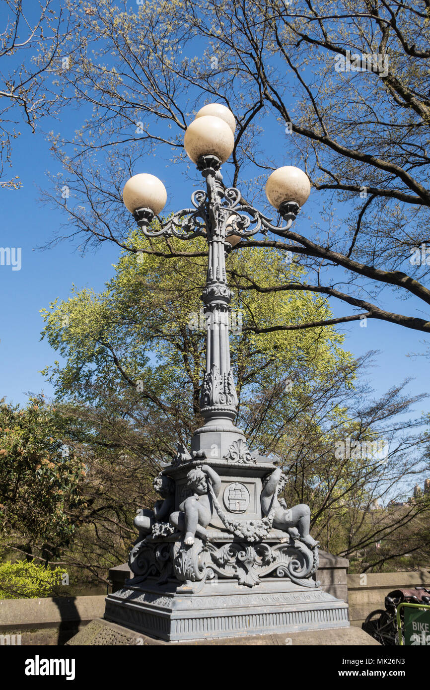 Ornate Lamp post at an Entrance to  Central Park, NYC, USA Stock Photo