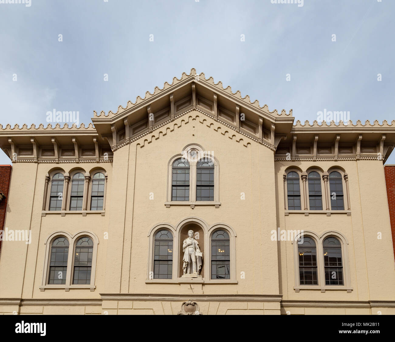 Lancaster, PA, USA - May 5, 2018: A statue of Robert Fulton is part of the facade of The Fulton Opera House, a historic 18th century theatre. Stock Photo