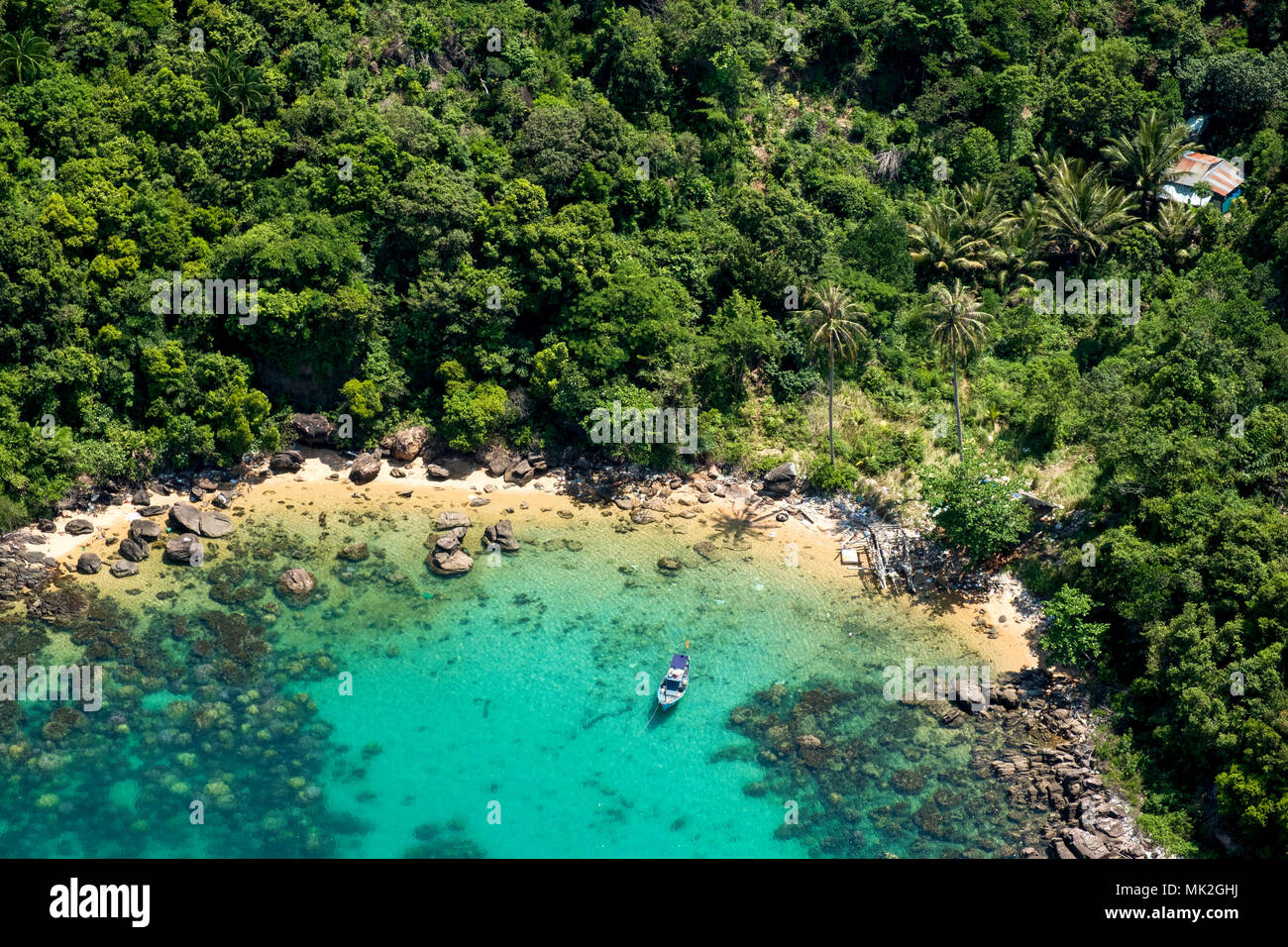 Aerial view of coast around Pineapple Island (Hon Thom) from the cable