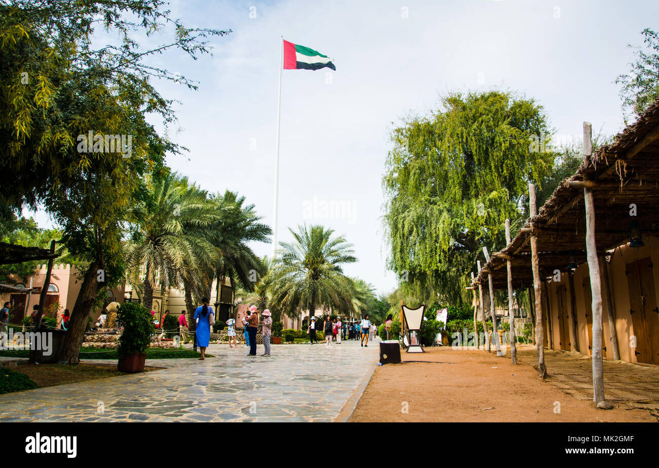 Abu Dhabi, UAE - April 27, 2018: Abu dhabi heritage village scene with many visitors walking around at day time Stock Photo