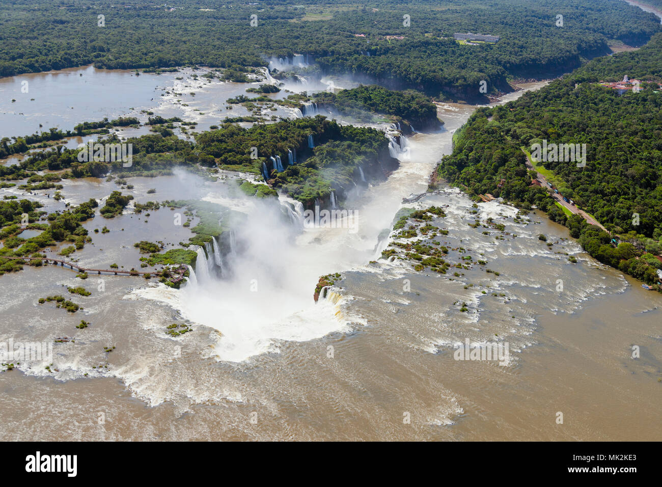 Aerial view of the Iguassu or Iguacu falls - the world's biggest waterfall system on the border of Brazil an Argentina Stock Photo