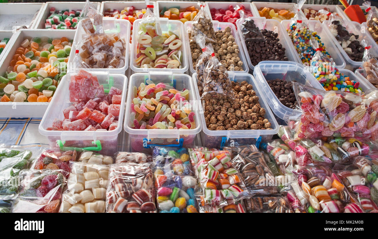 Various colorful sweets and sweets are on sale. Stock Photo