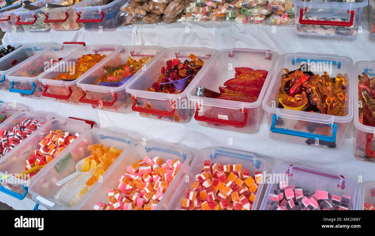 Various colorful sweets and sweets are on sale. Stock Photo