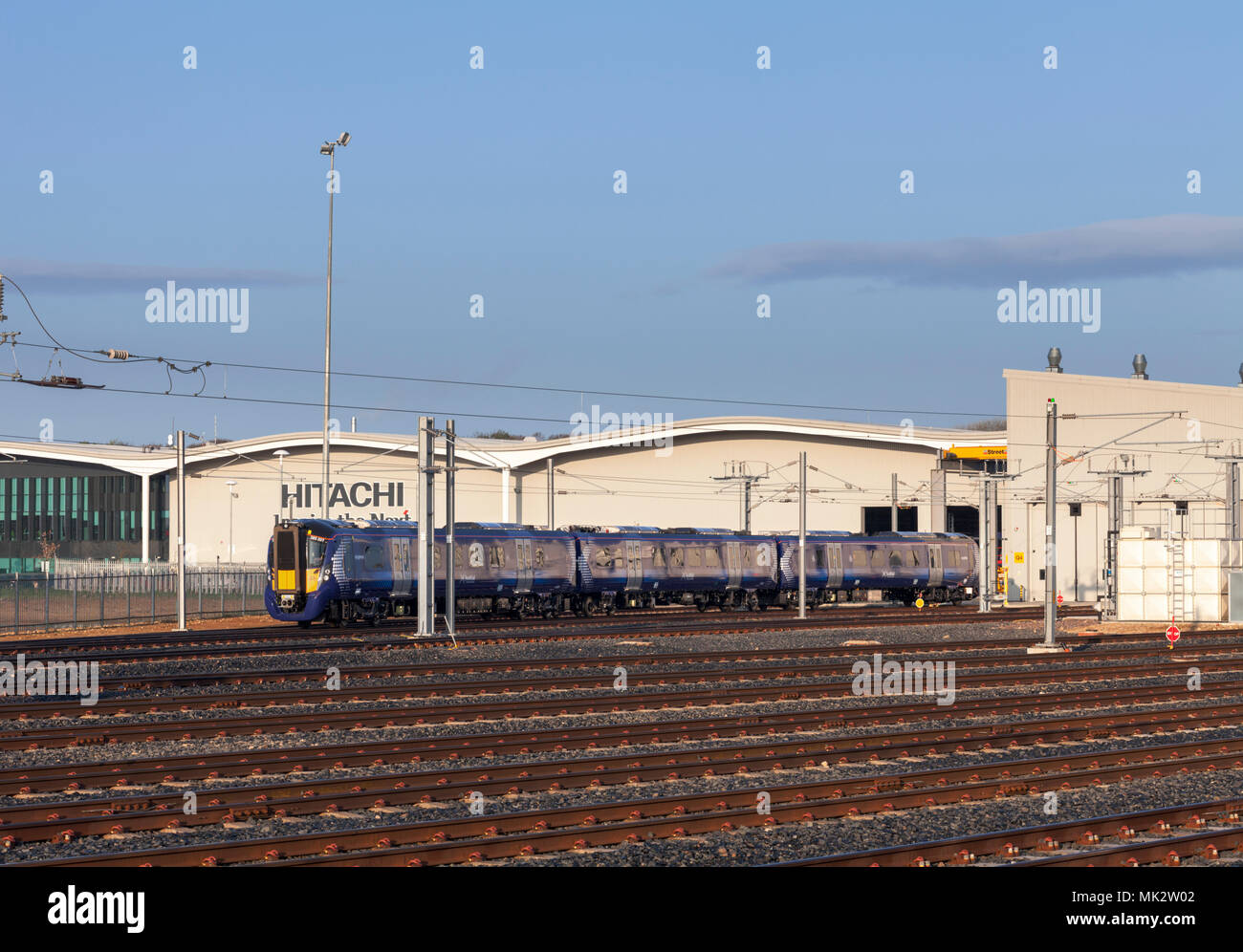 A brand new  Hitachi class 385 electric train at the Hitachi UK assembly plant at Newton Aycliffe, UK awaiting delivery to Scotrail Stock Photo