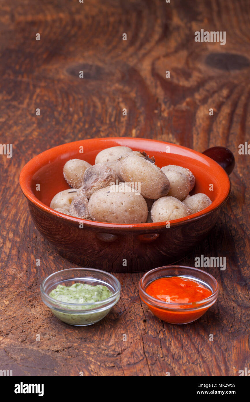 typical potatos from canary islands with mojo Stock Photo