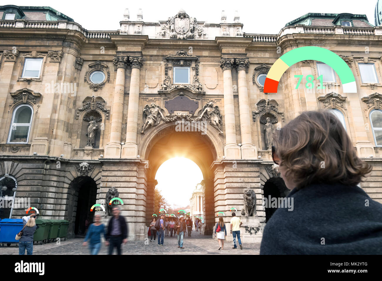 Personal social credit score. Machine Learning analytics identify person technology,Artificial intelligence no privacy security camera technology conc Stock Photo