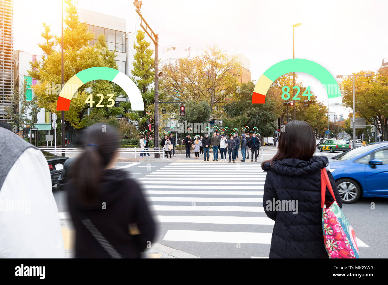 Personal social credit score. Machine Learning analytics identify person technology,Artificial intelligence no privacy security camera technology conc Stock Photo