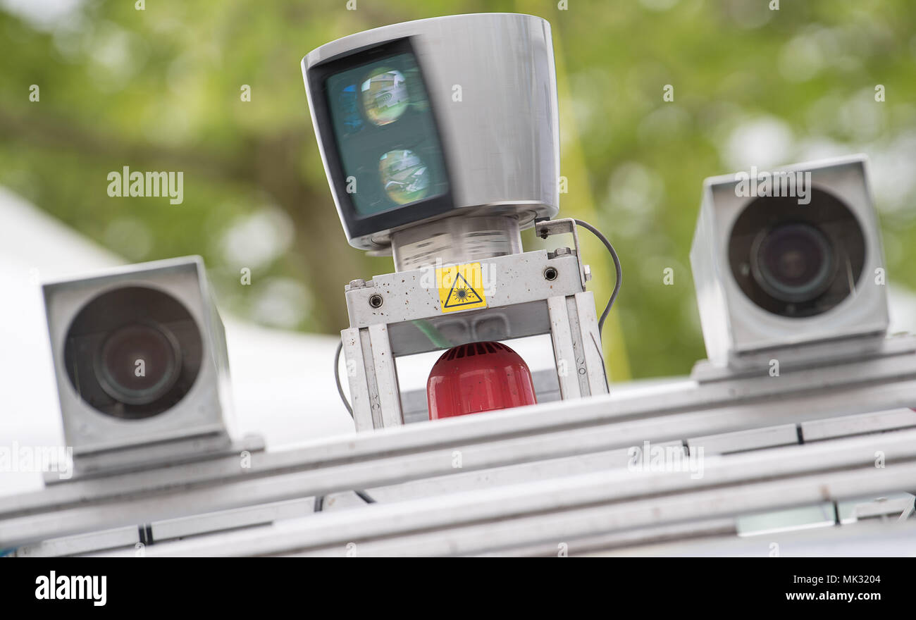 03 May 2018, Germany, Karlsruhe: A laser sensor for an autonomous ...