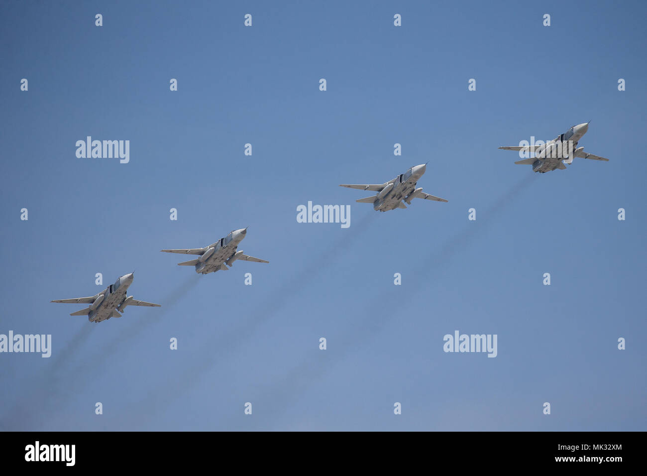 Moscow, Russia. 4th May, 2018. Russian Air Force Sukhoi Su-24 during a rehearsal of the upcoming Victory Day air show marking the 73rd anniversary of the victory over Nazi Germany in the 1941-45 Great Patriotic War, the Eastern Front of World War II. Credit: Victor Vytolskiy/Alamy Live News Stock Photo