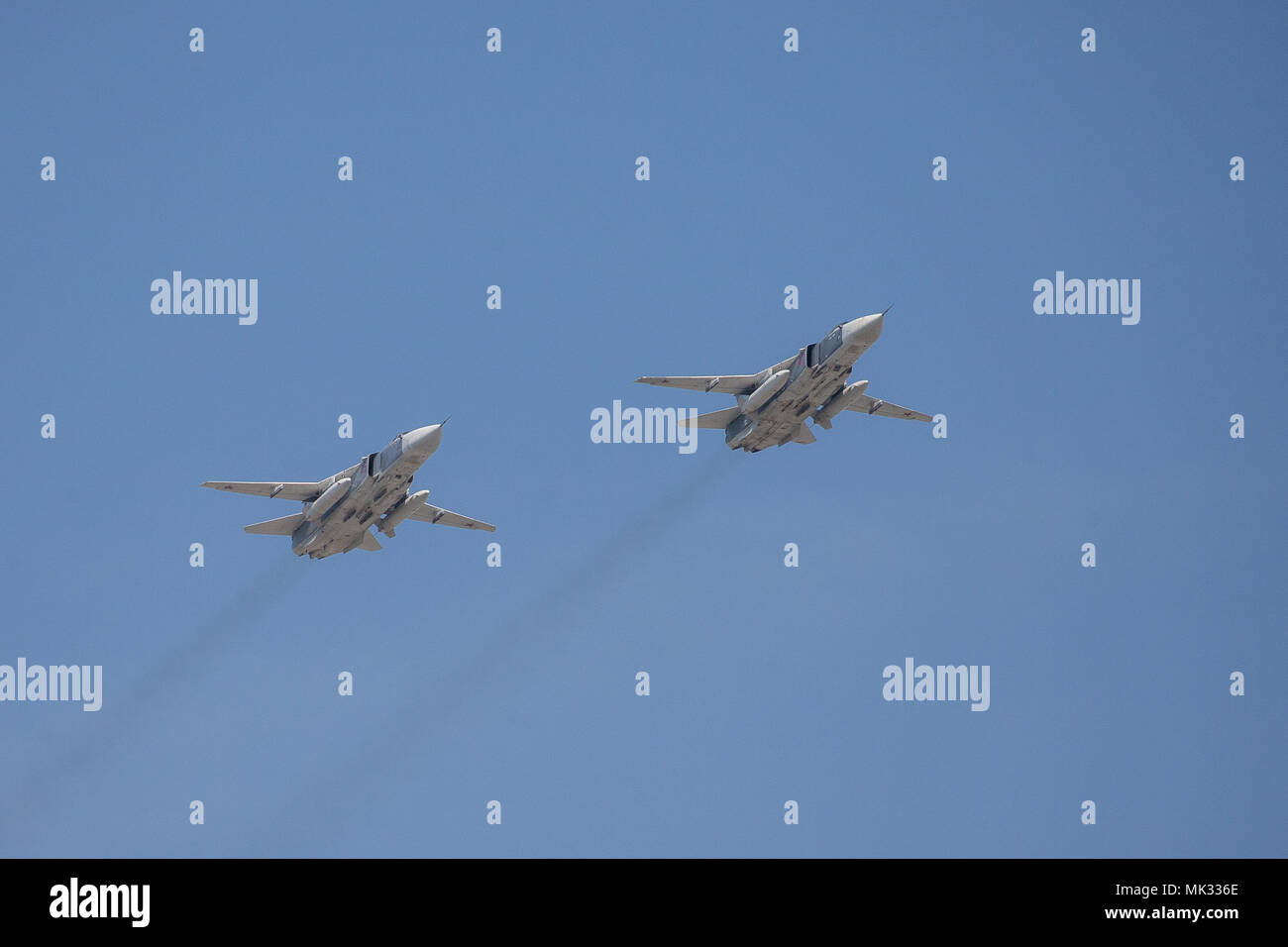 Moscow, Russia. 4th May, 2018. Russian Air Force Sukhoi Su-24 during a rehearsal of the upcoming Victory Day air show marking the 73rd anniversary of the victory over Nazi Germany in the 1941-45 Great Patriotic War, the Eastern Front of World War II. Credit: Victor Vytolskiy/Alamy Live News Stock Photo