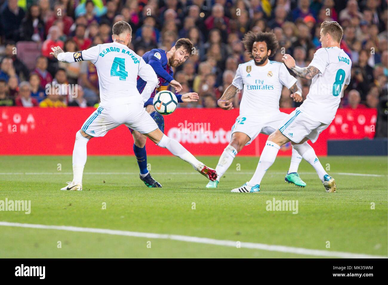 SPAIN - 6th of May: FC Barcelona forward Lionel Messi (10), Real Madrid defender Marcelo (12), Real Madrid midfielder Toni Kroos (8) and Real Madrid defender Sergio Ramos (4) during the match between FC Barcelona against Real Madrid for the round 36 of the Liga Santander, played at Camp Nou Stadium on 6th May 2018 in Barcelona, Spain. (Credit: Mikel Trigueros /Urbanandsport / Cordon Press)  Cordon Press Stock Photo