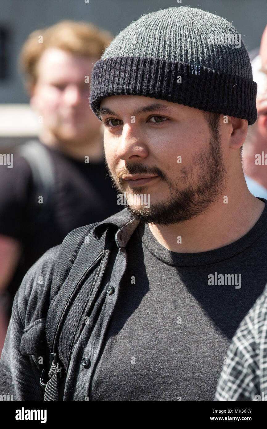 London, UK. 6th May, 2018. American journalist Tim Pool, best known for his coverage of Occupy Wall Street, appears at a protest by anti-racist and anti-fascist groups against the far-right Democratic Football Lads Alliance's 'Day of Freedom' in Whitehall at which former English Defence League leader Tommy Robinson was scheduled to speak. Credit: Mark Kerrison/Alamy Live News Stock Photo